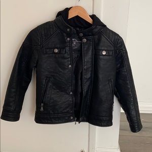 Black Leather Jacket Zip Up with Hood